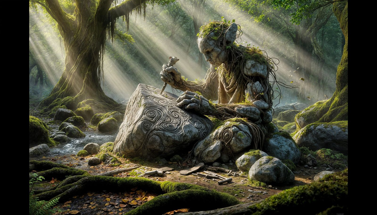 Golem Artisan Carving Stone in Ancient Forest Clearing