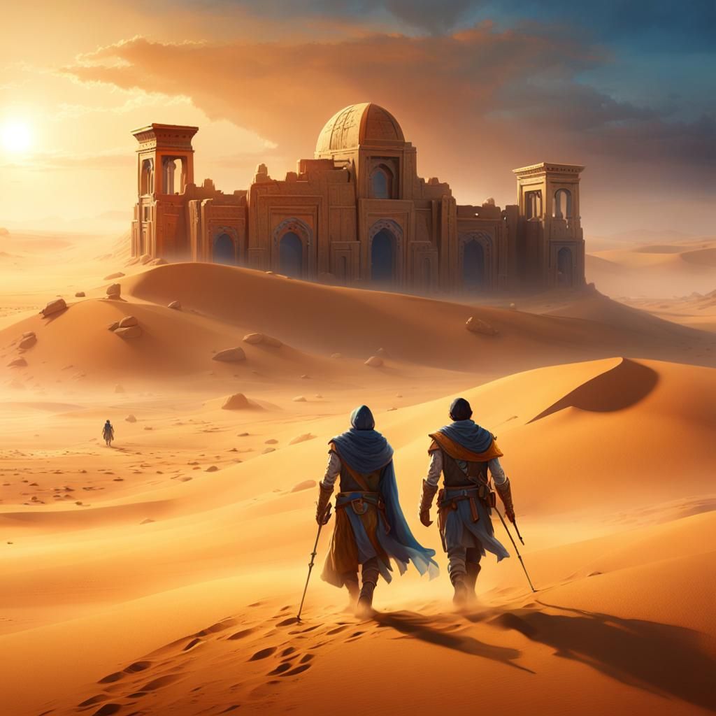 Adventurers in Sandstorm, Golden Hour Fantasy Art