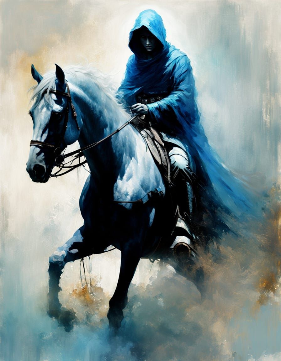 Mysterious Rider on White Horse in Impasto Style