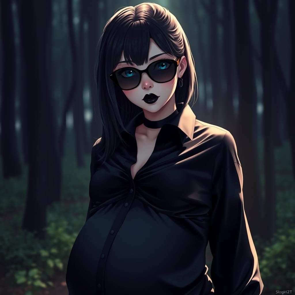 Pregnant Goth Woman in Dark Forest: Anime Art