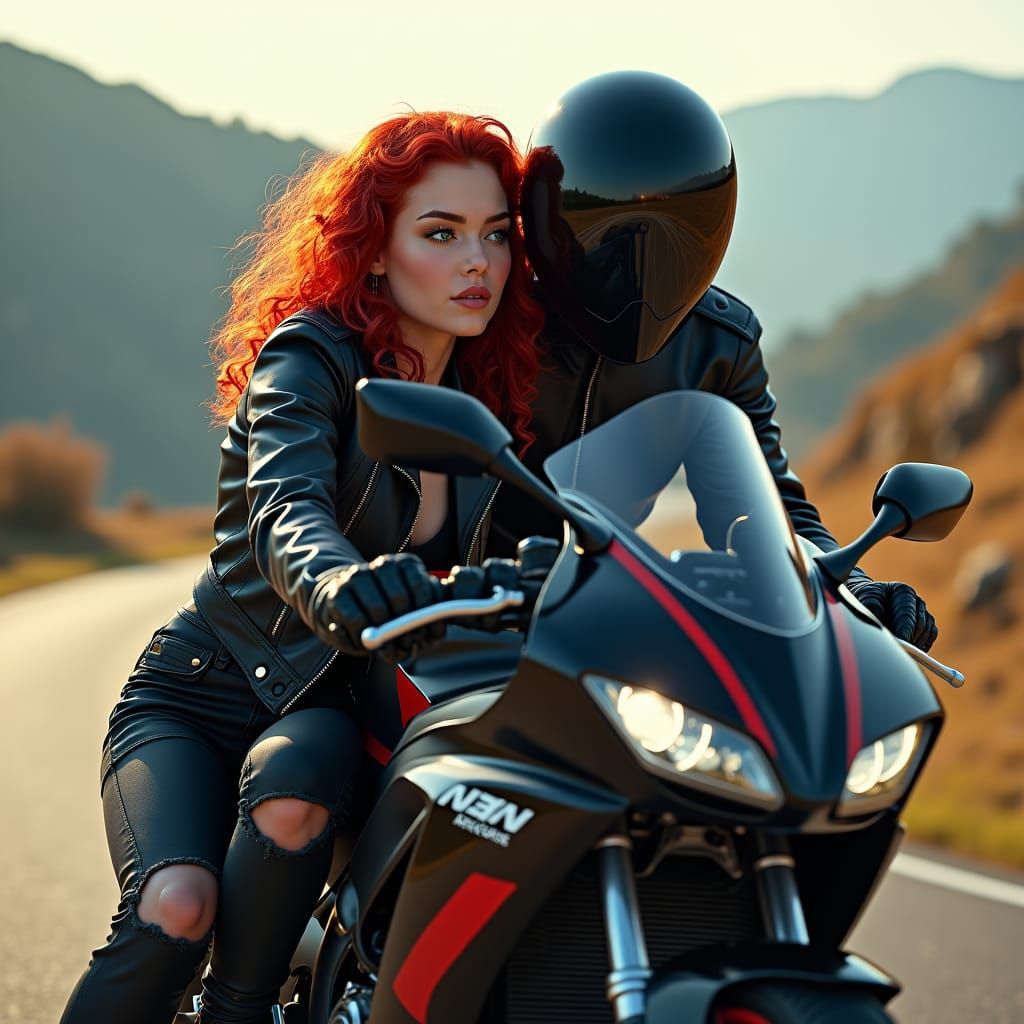Biker Girl Flirting on Mountain Road in Hyperrealistic Style
