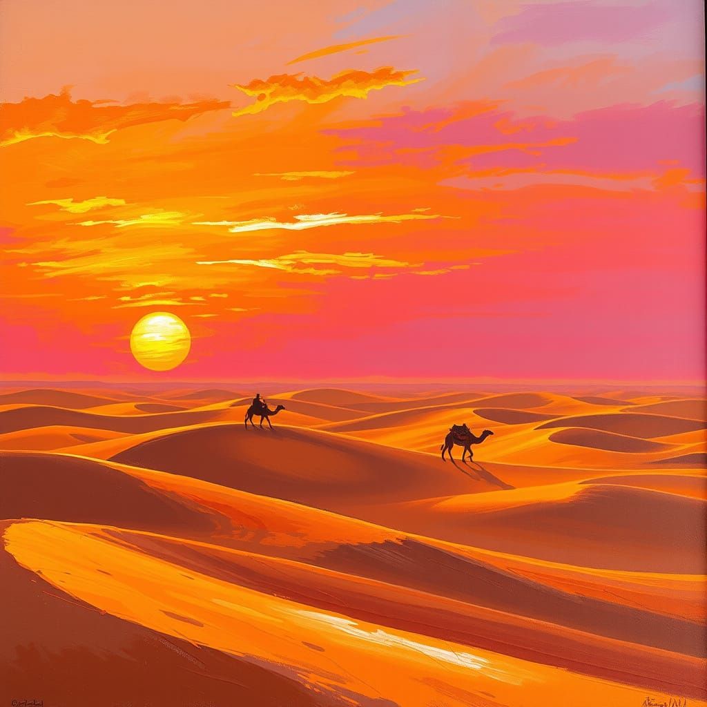 Golden Arabic Desert Sunset Oil Painting