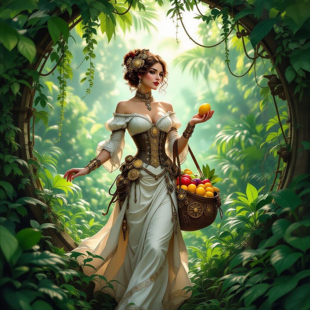 Art Nouveau Steampunk Woman in Lush Jungle