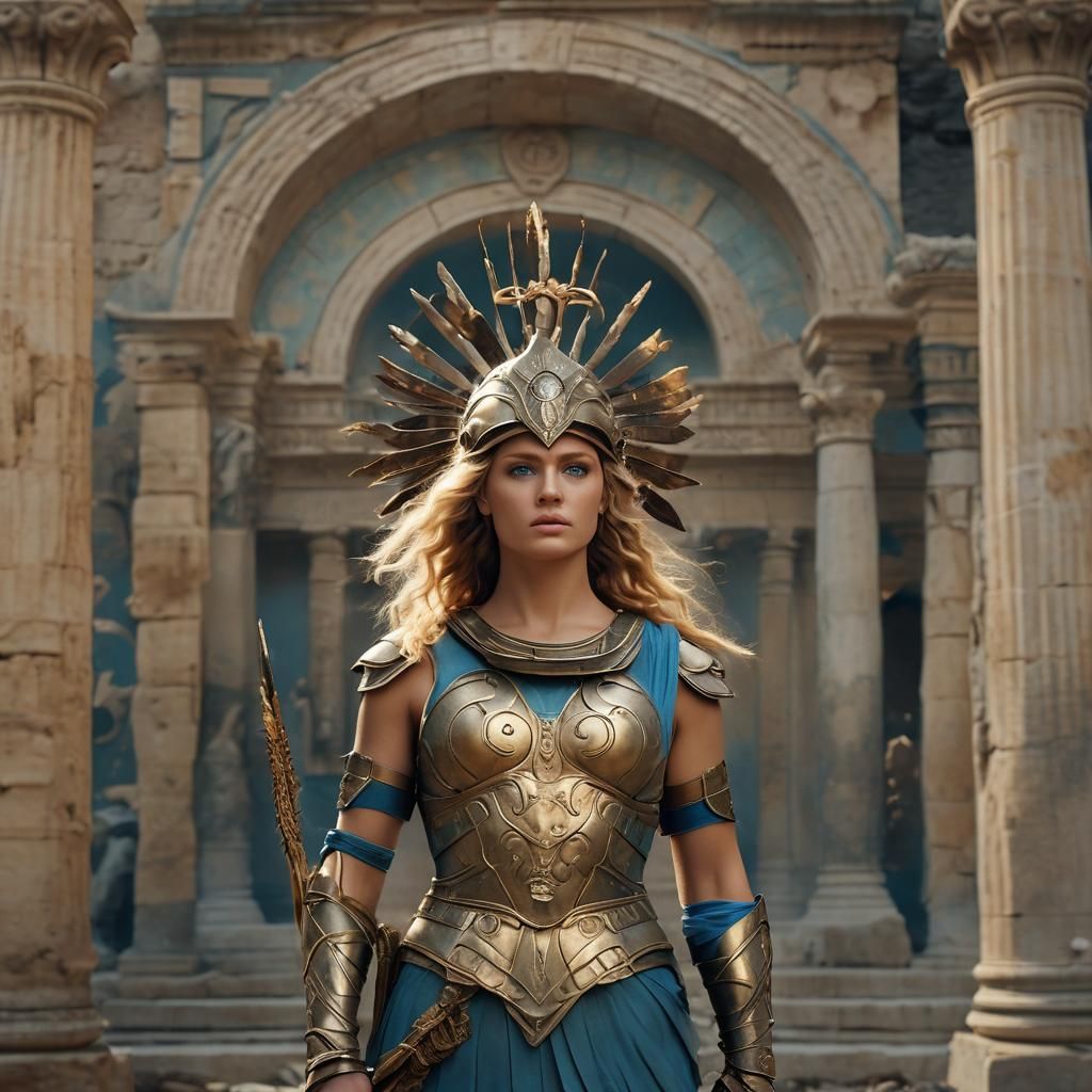 Athena in Ancient Greek Temple, Fresco Style