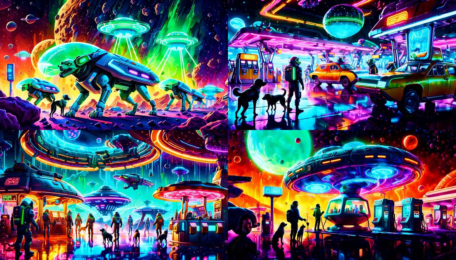 Dog-Like Aliens Fueling Spaceships at Alien Gas Station