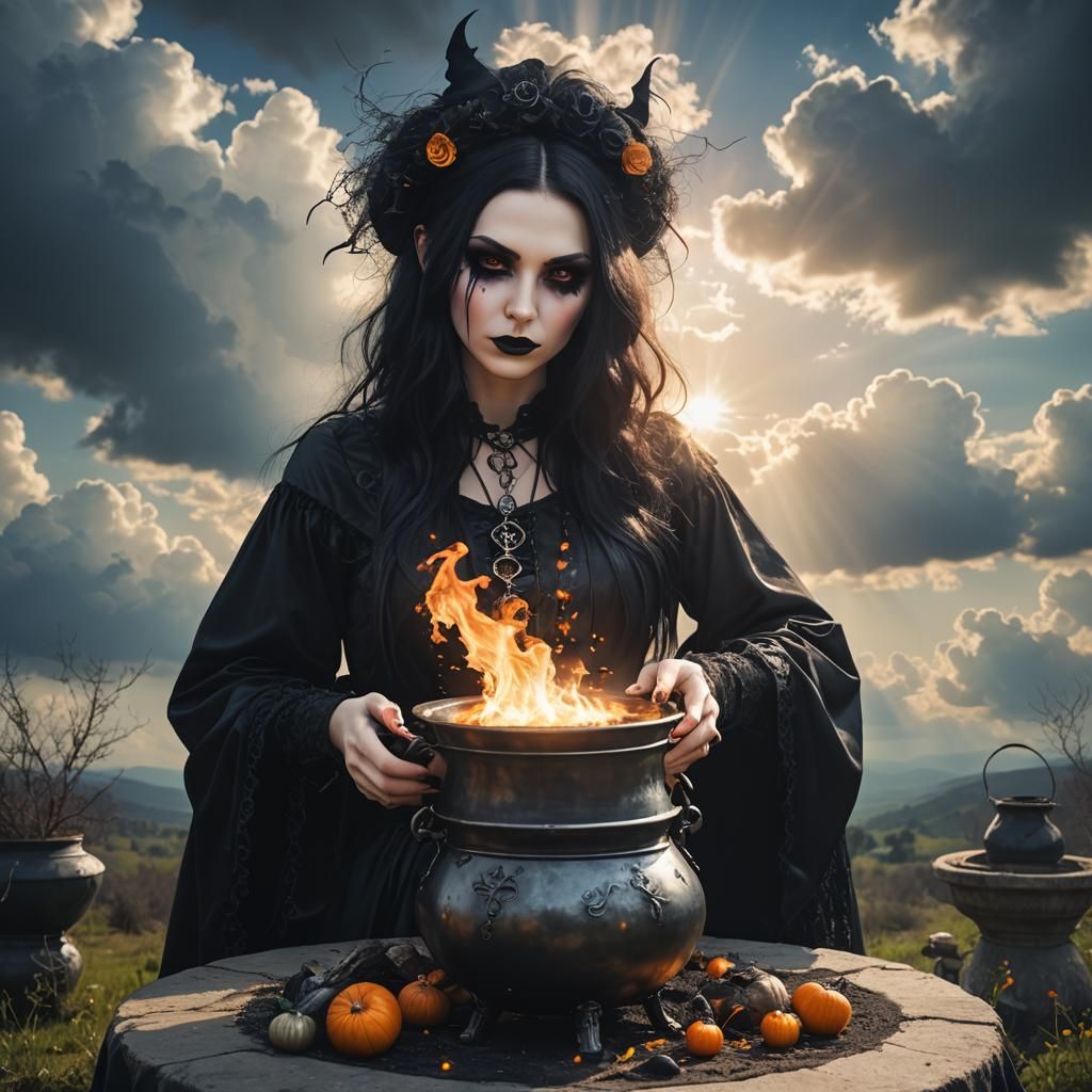 Gothic Witch and Cauldron in Divine Light