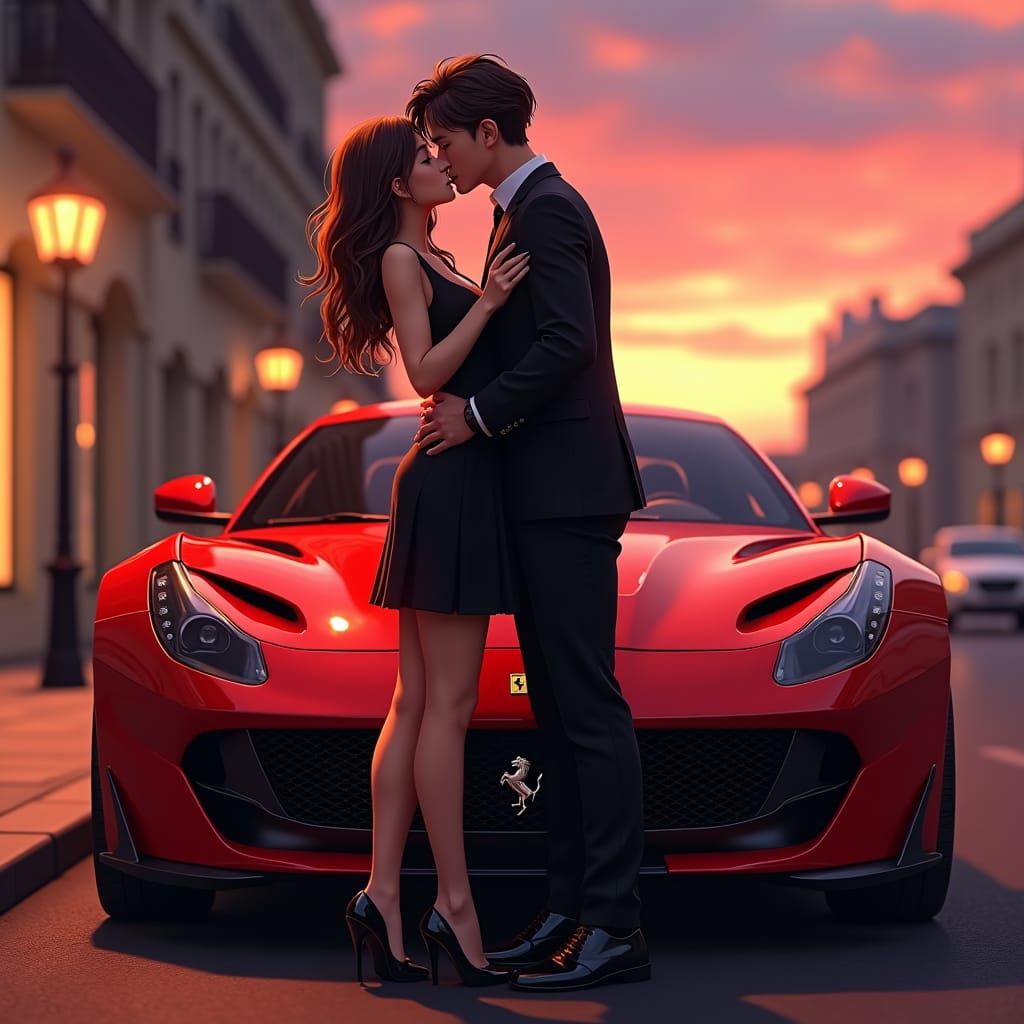 Passionate Embrace by a Ferrari: 3D Anime Style