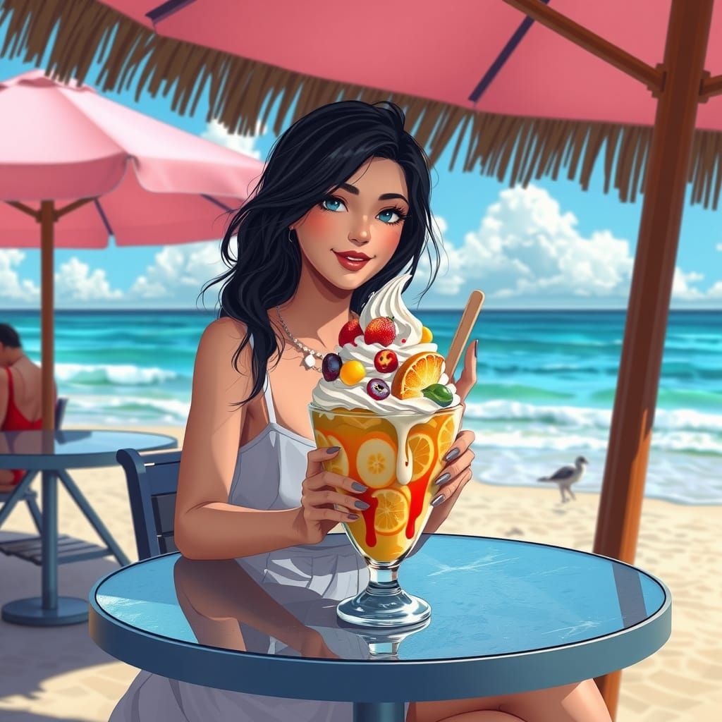 Woman Enjoys Ice Cream in Candy Art Style