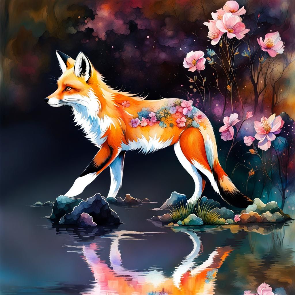Fox in Fantasy Landscape Watercolour Illustration