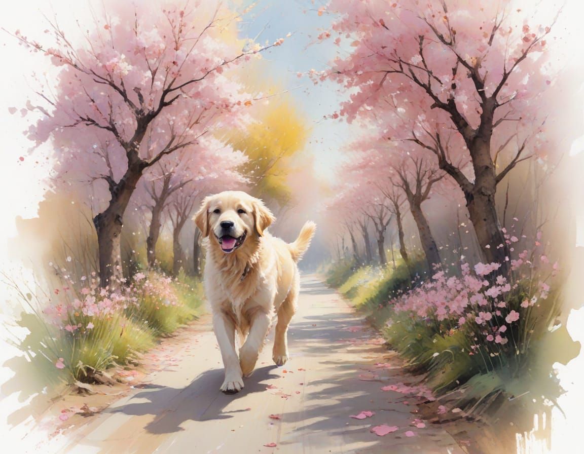 Golden Retriever Puppy in Cherry Blossom Lane, Painterly Sty...