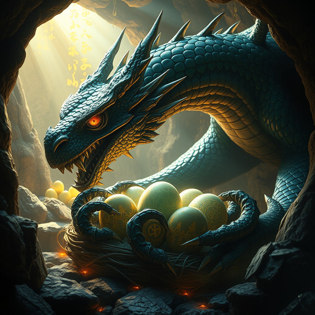 Majestic Dragon Guarding Eggs in Mystical Lair
