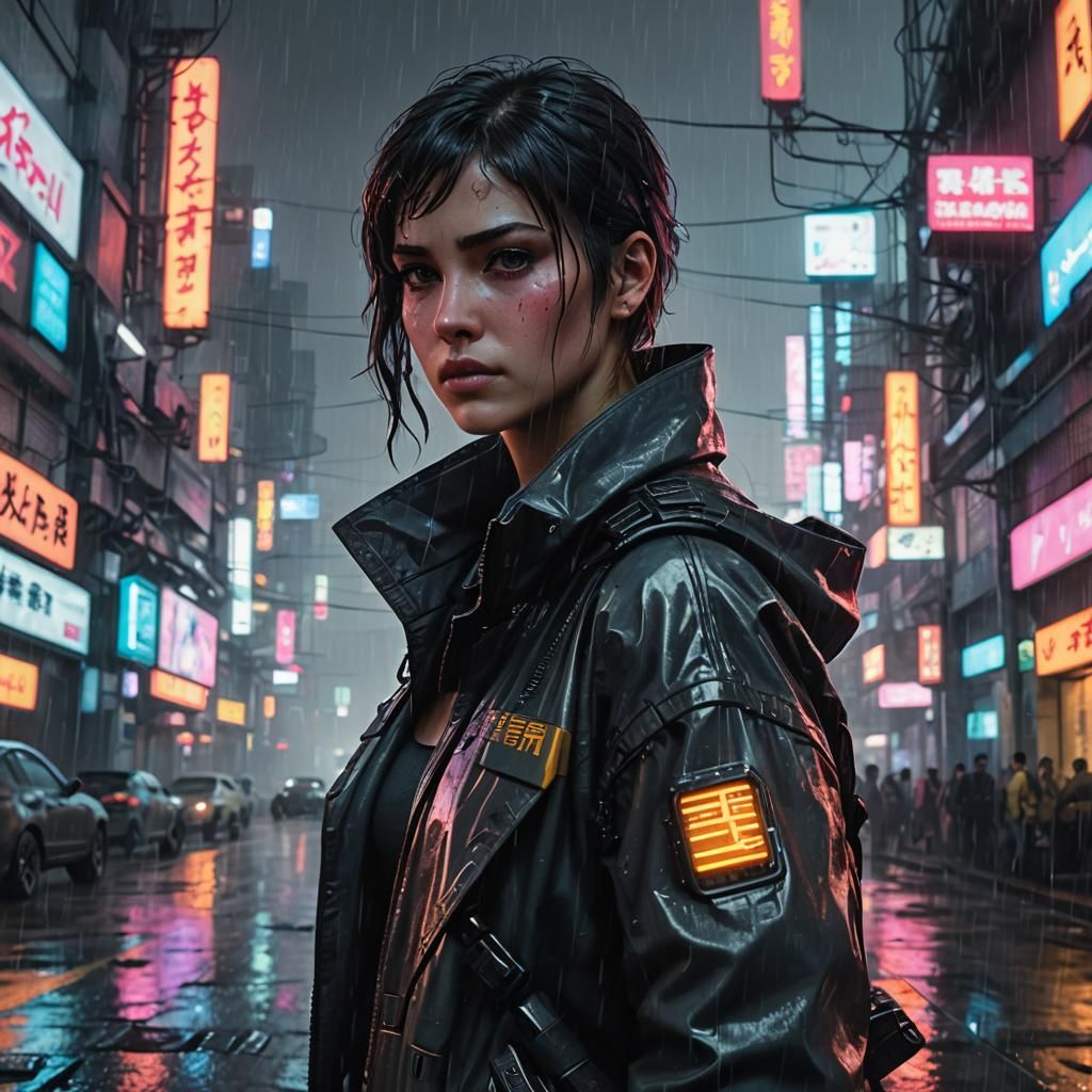 Cyberpunk Protagonist in Rainy Cityscape