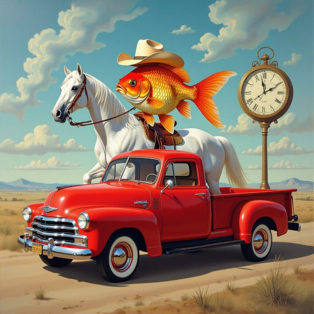 Surreal Goldfish Cowboy Rides Horse on Truck