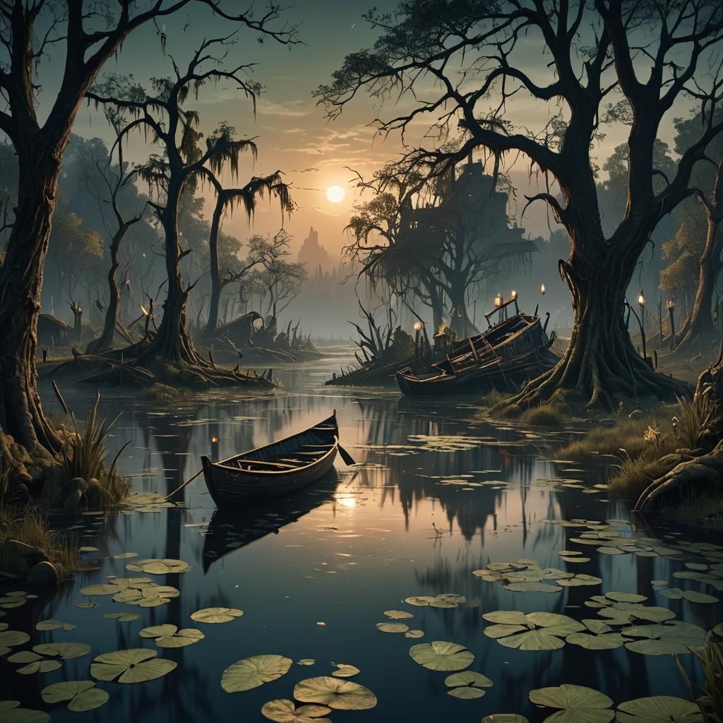 Ghostly Rowboat on Swamp at Night: Detailed Matte Painting
