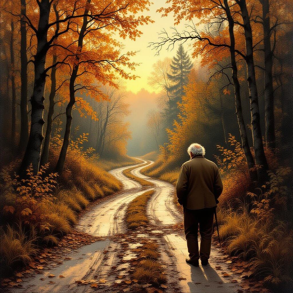 Man Chooses Overgrown Path in Autumn Forest