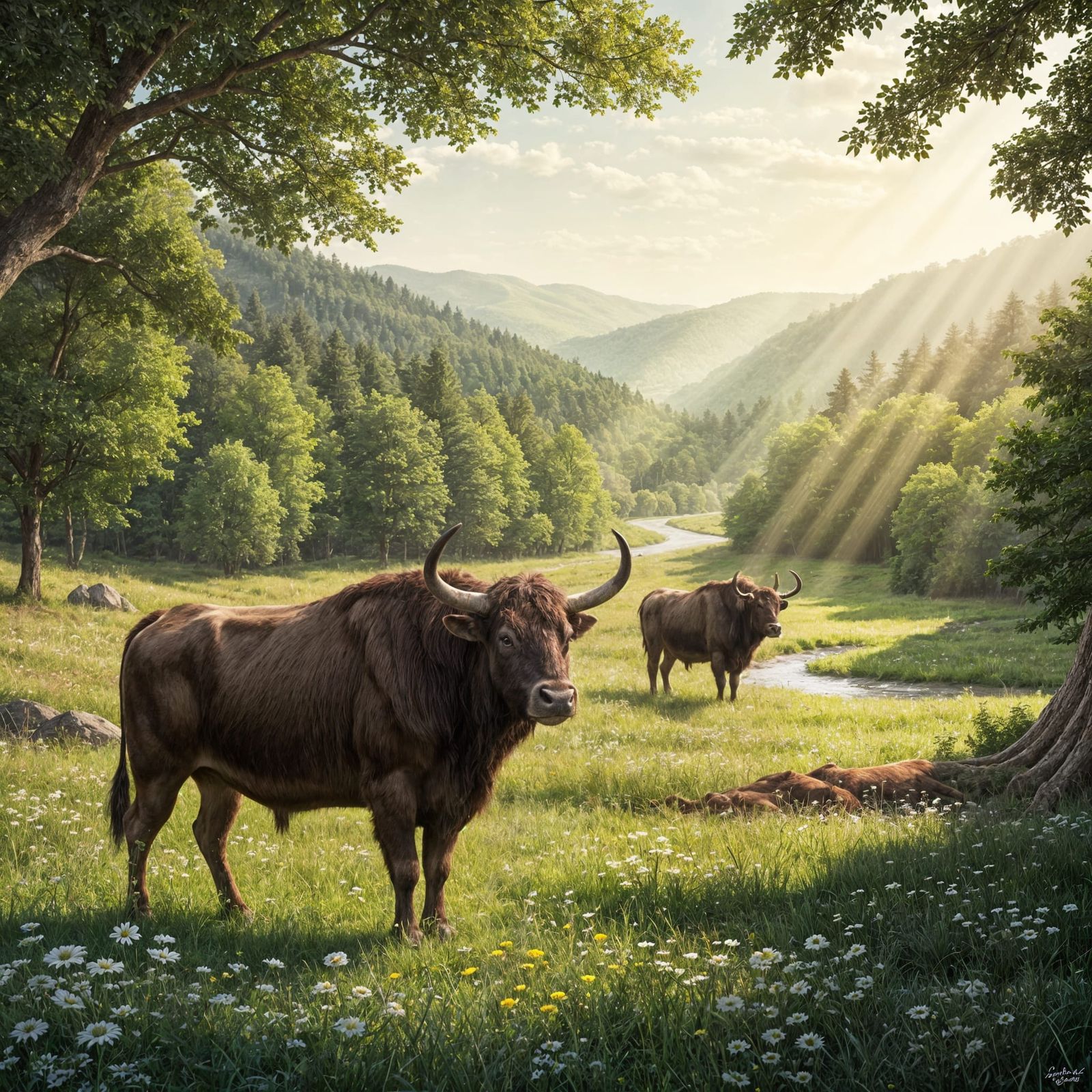 Detailed Illustration of Aurochs in Natural Habitat