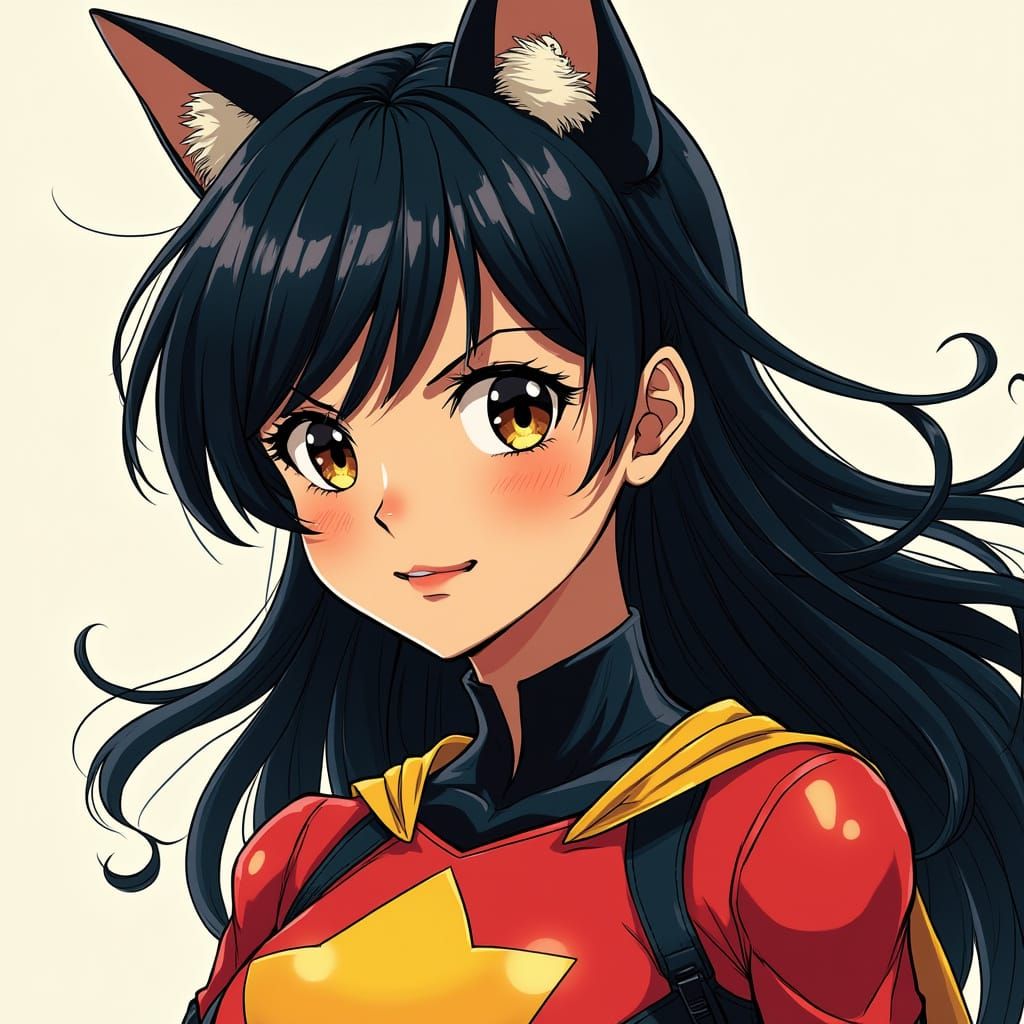 Dynamic Young Heroine with Cat Eyes in Bold Style