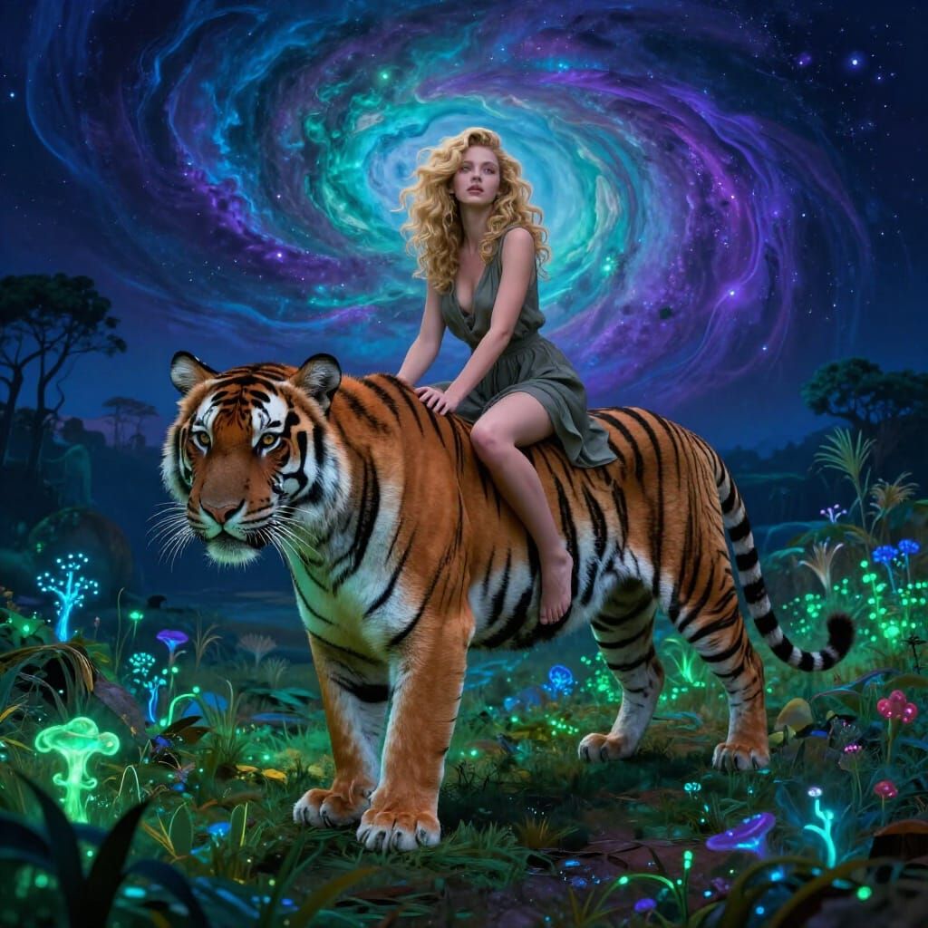 Woman on Tiger in Surreal Bioluminescent Landscape