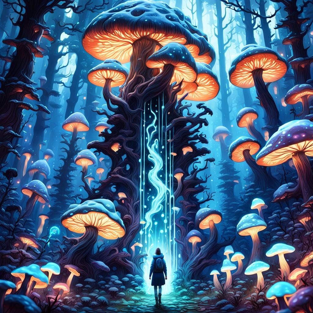 Bioluminescent Mushroom Woman in Forest: Fantasy Concept Art