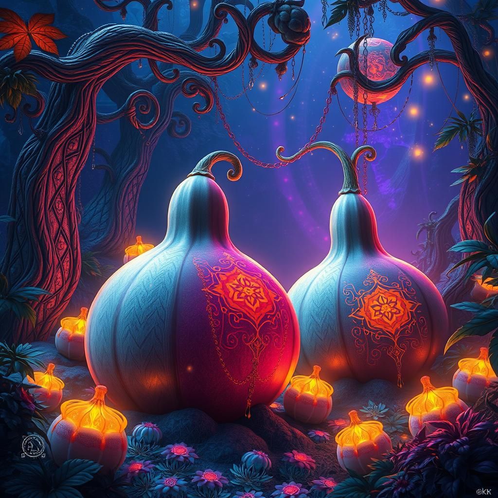 Mystical Gourds with Glowing Runes in Digital Painting