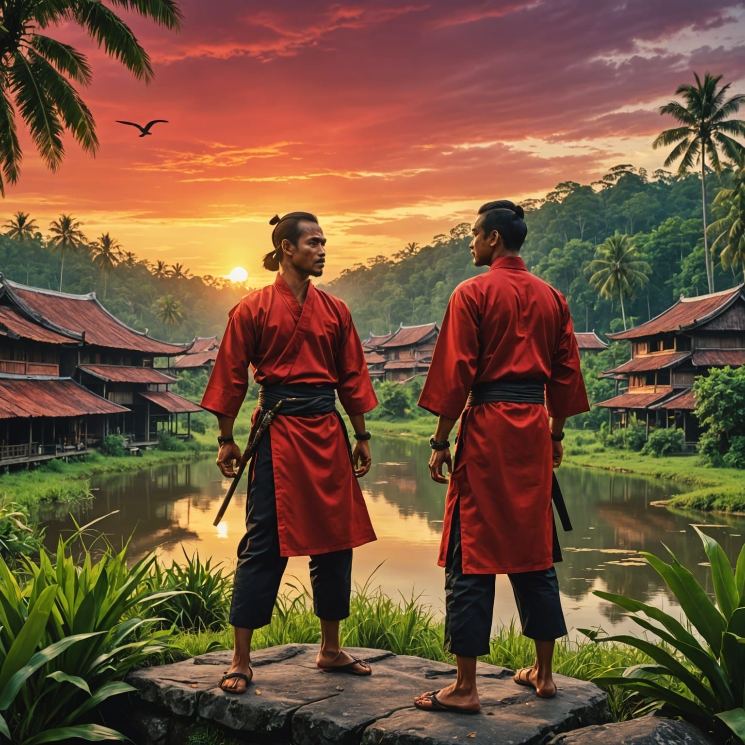 Malay Warriors Silat at Sunset: Cinematic Film Still