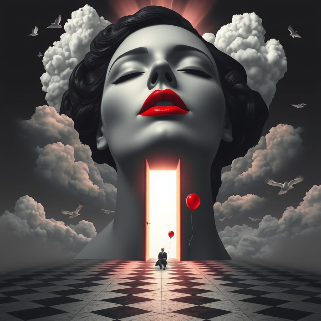 Surreal Woman's Face in Dreamlike Landscape