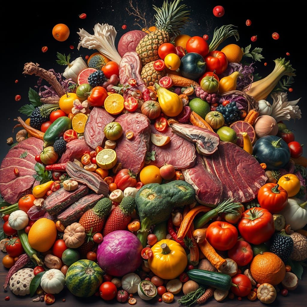 Massive Heap of Diverse Foods in Digital Painting
