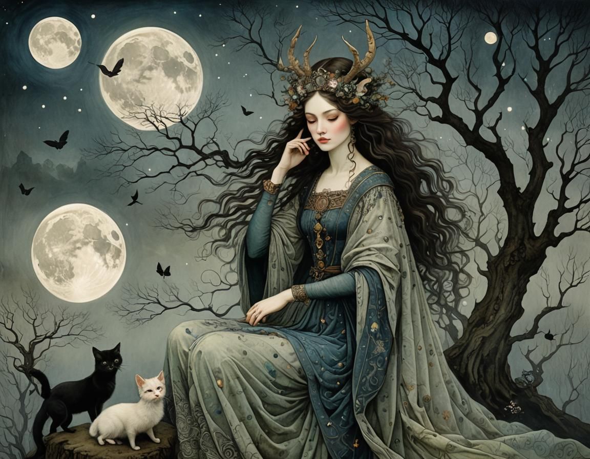 Enchanting Moonlit Scene in Fantasy Illustration Style