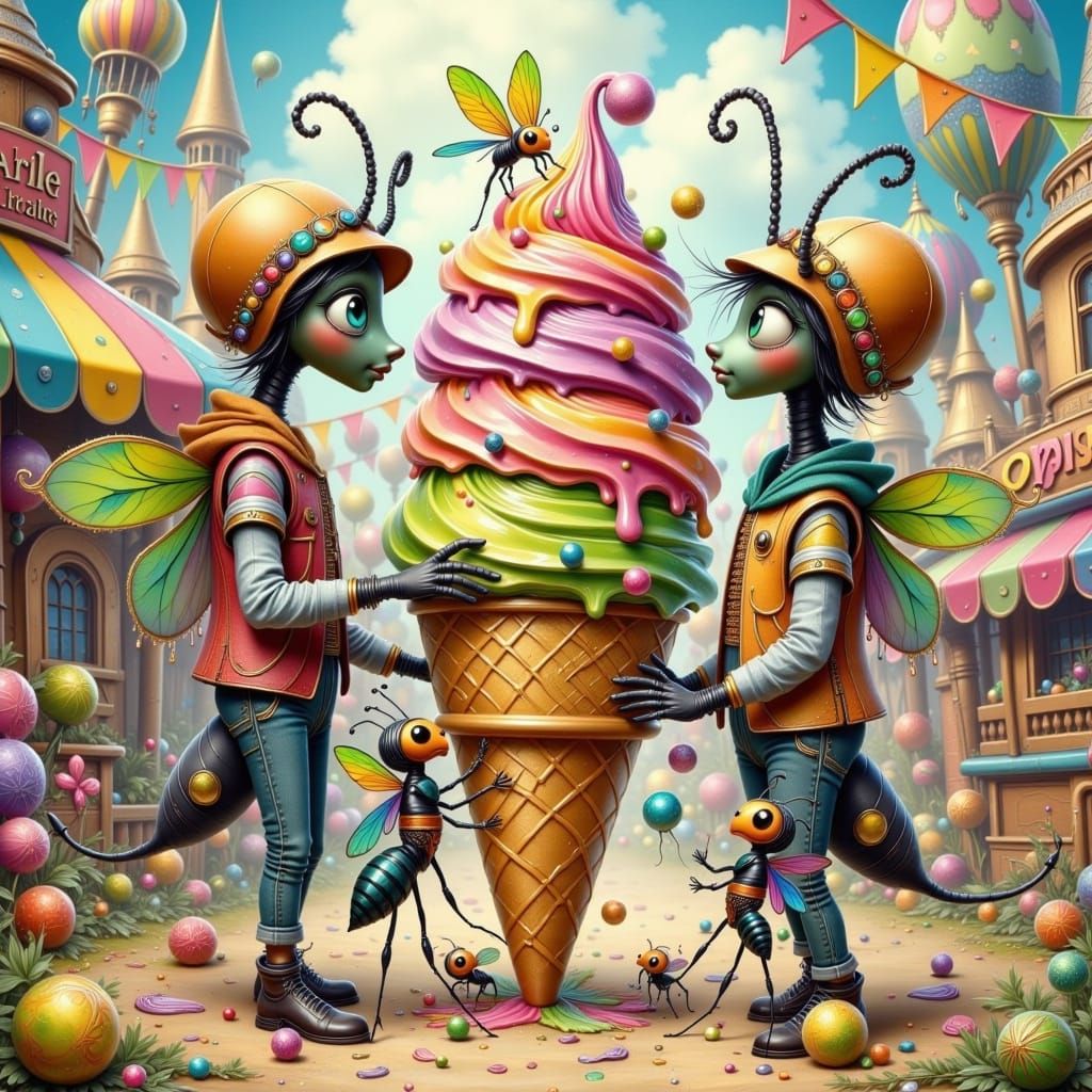 Ants Gather Around a Colorful Ice Cream Cone in Whimsical Ca...
