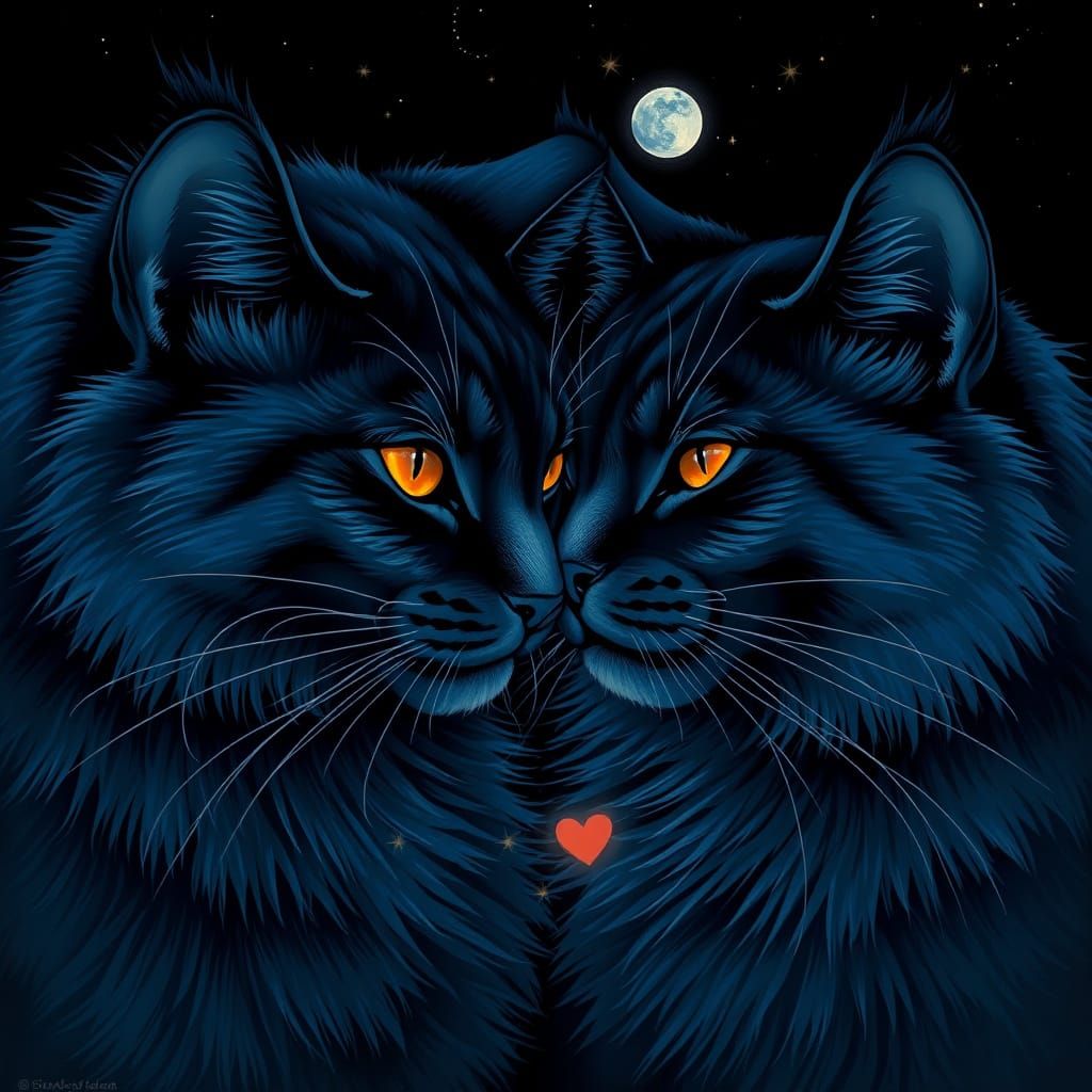 Midnight Feline Collision in Dreamy, Surreal Beauty