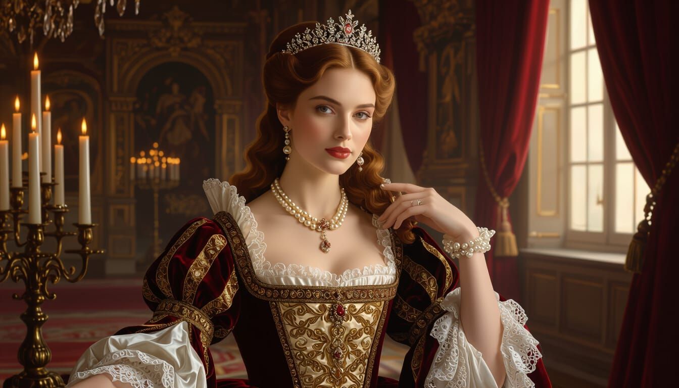 Renaissance Princess in Candlelit Hall as Oil Painting