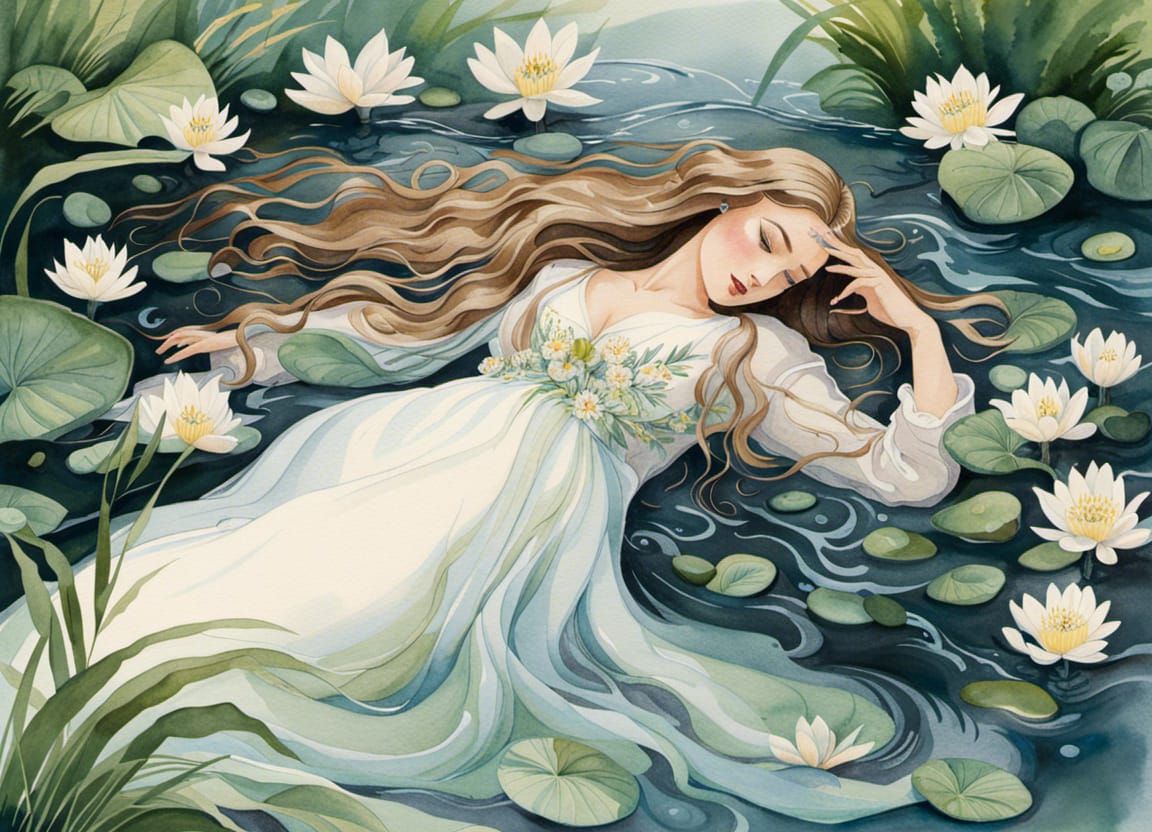 Ophelia in River: Detailed Watercolor Art