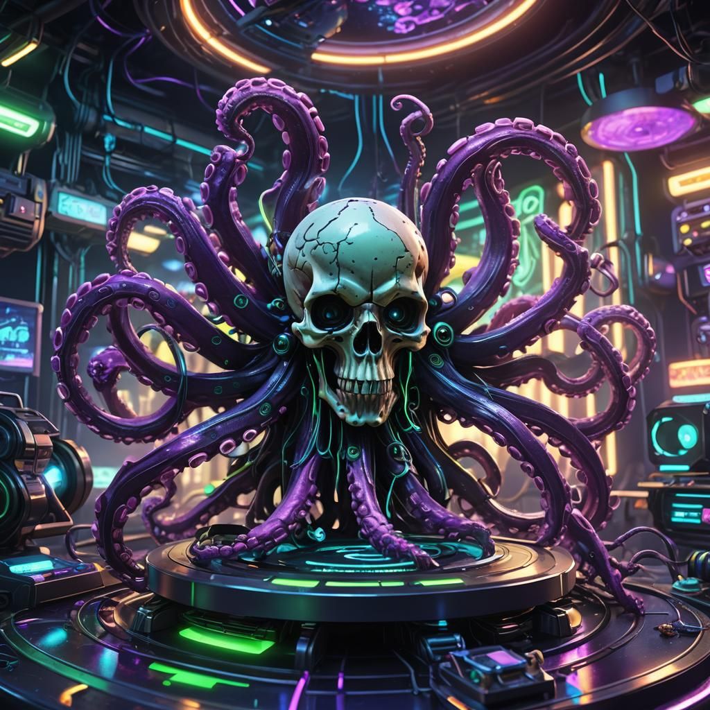 Cyberpunk Skull Octopus DJ in Neon Sci-Fi