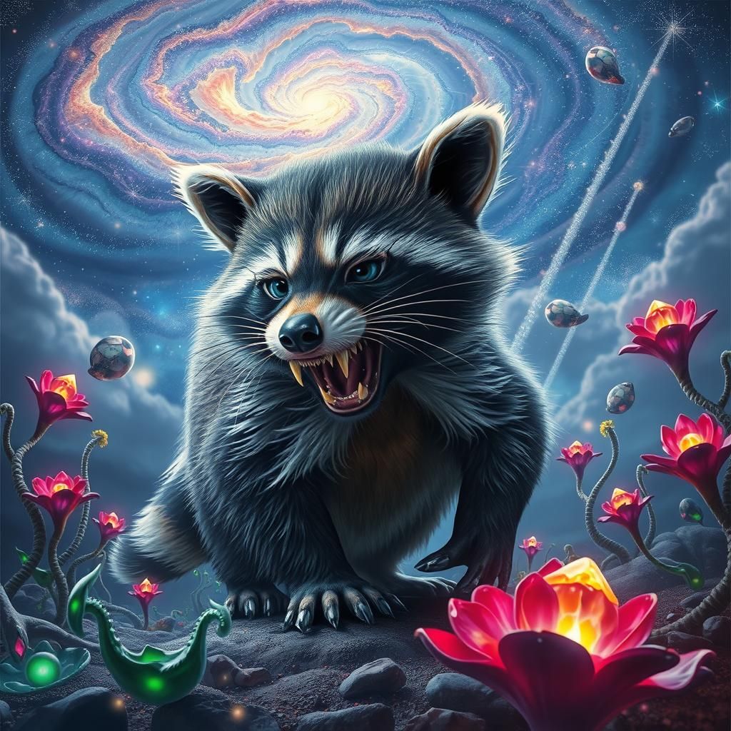 Raccoon-Saber-Tooth Hybrid in Vivid Dreamscape