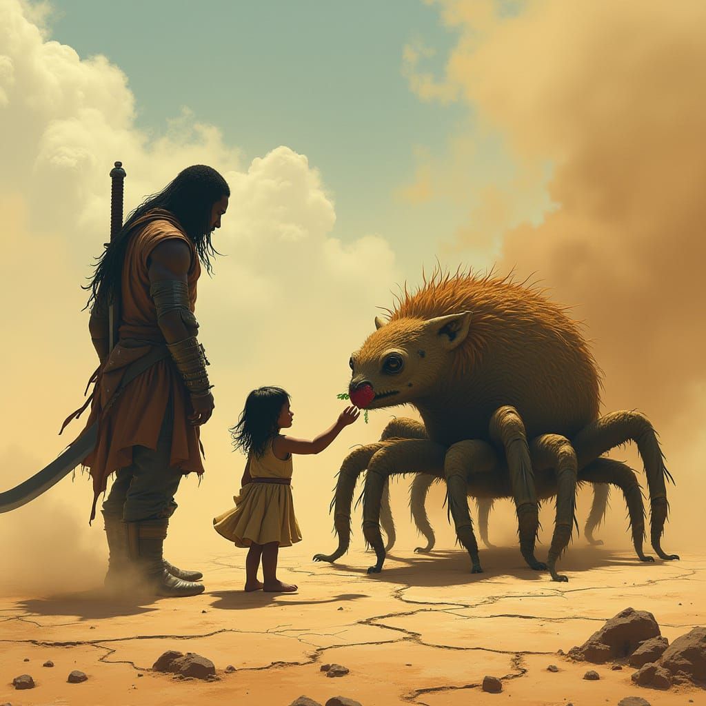 Desert Encounter: Man, Warrior, and Giant Creature