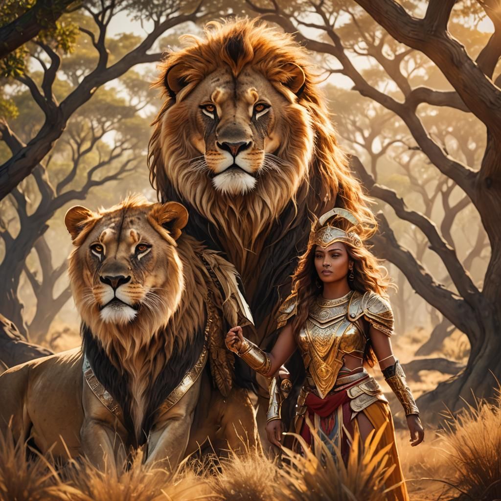 Lion and Warrior Princess on Sunny Savanna