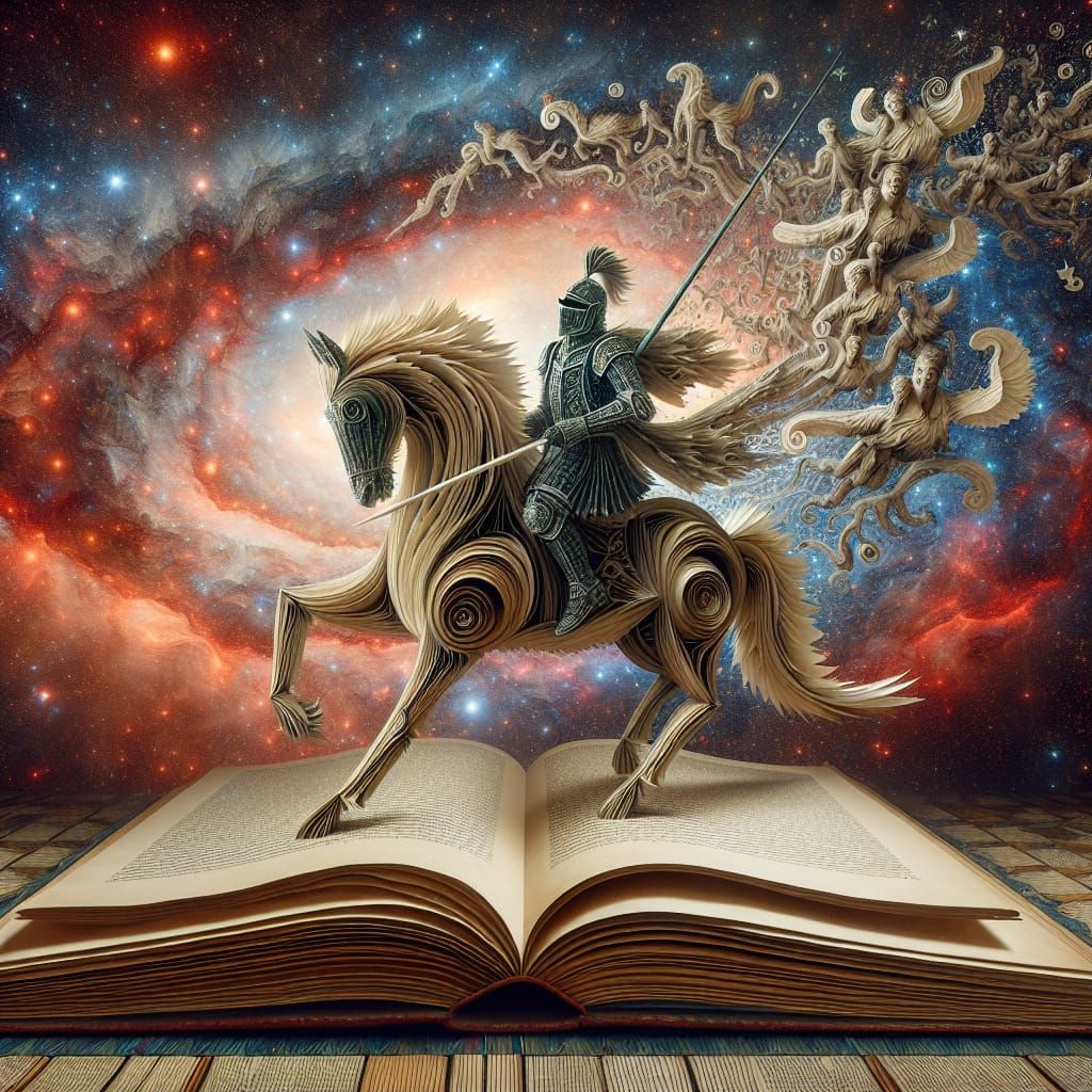 Literary Knight Confronts Dragon in Cosmic Bookscape