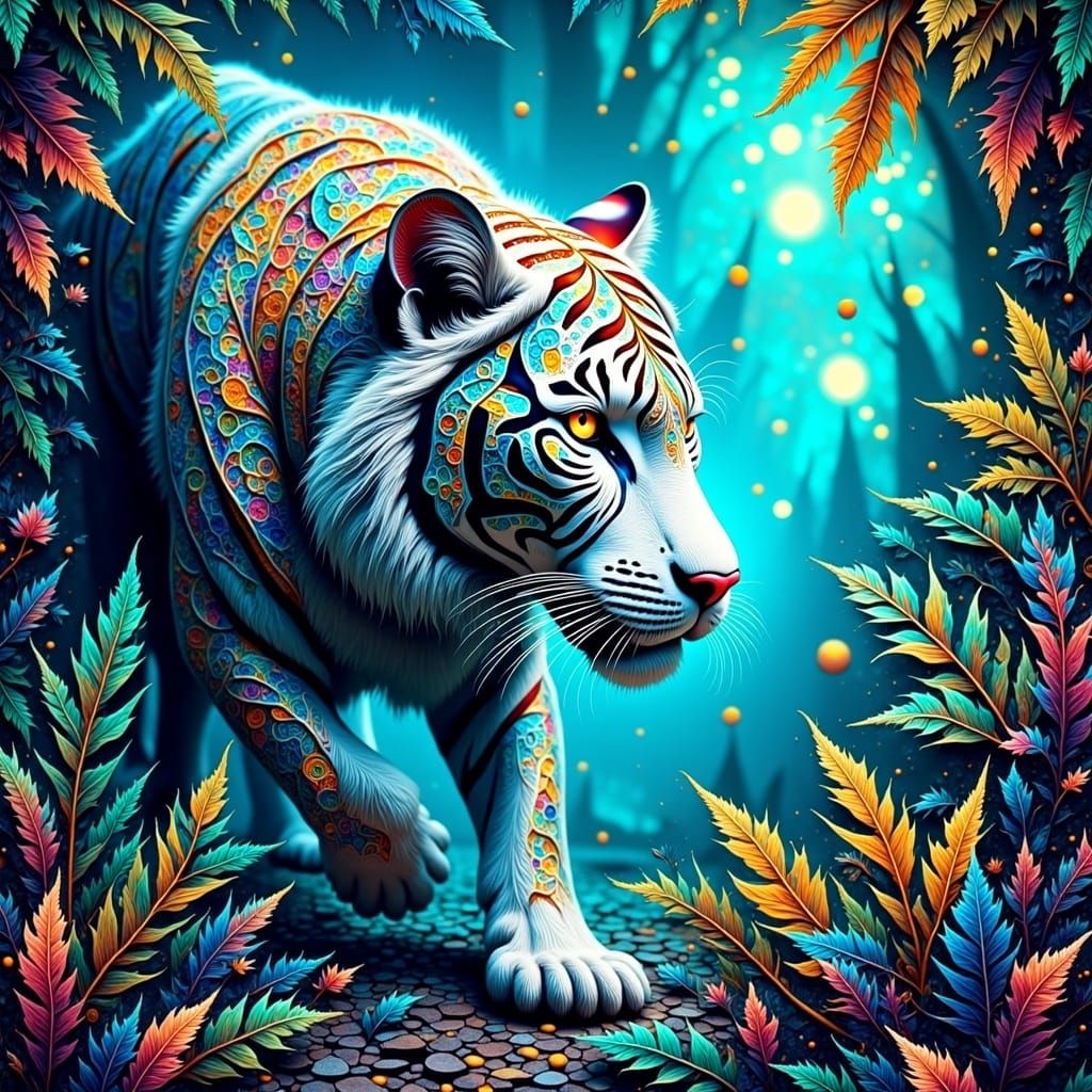 White Tiger Hunting in Stained Glass Fractal Jungle