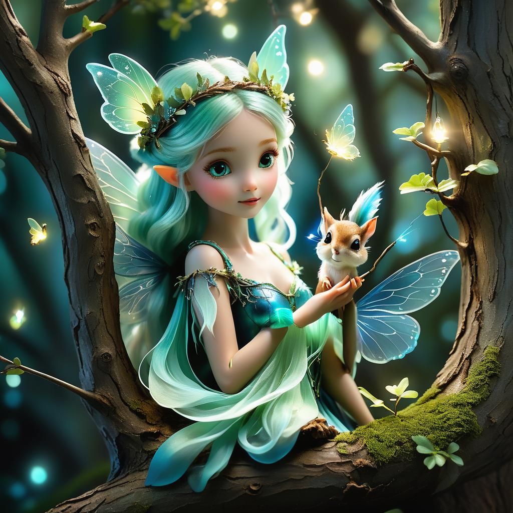 Whimsical Fairy Sits with Squirrel in Enchanted Forest, Soft...