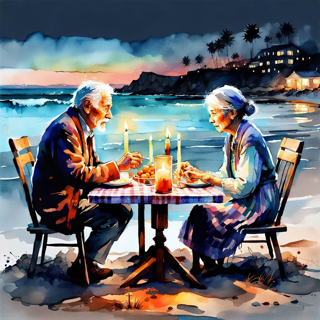 Cute Candlelit Beach Dinner in Watercolor Style
