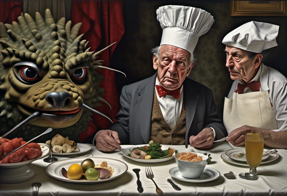 Hyperrealistic Waiter with Fresh Dinner, Magical Realism