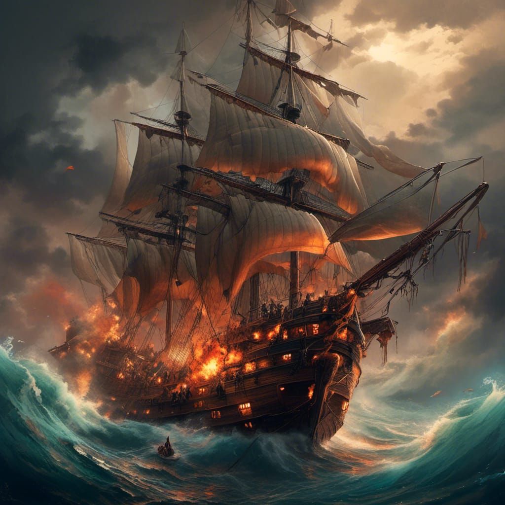 Schooner and Pirate Ship Battle in Stormy Seas