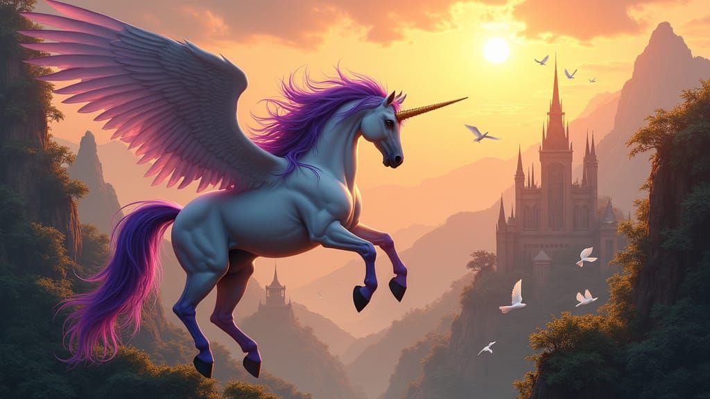 Majestic Unicorn-Pegasus Soars Over Ancient City at Sunset