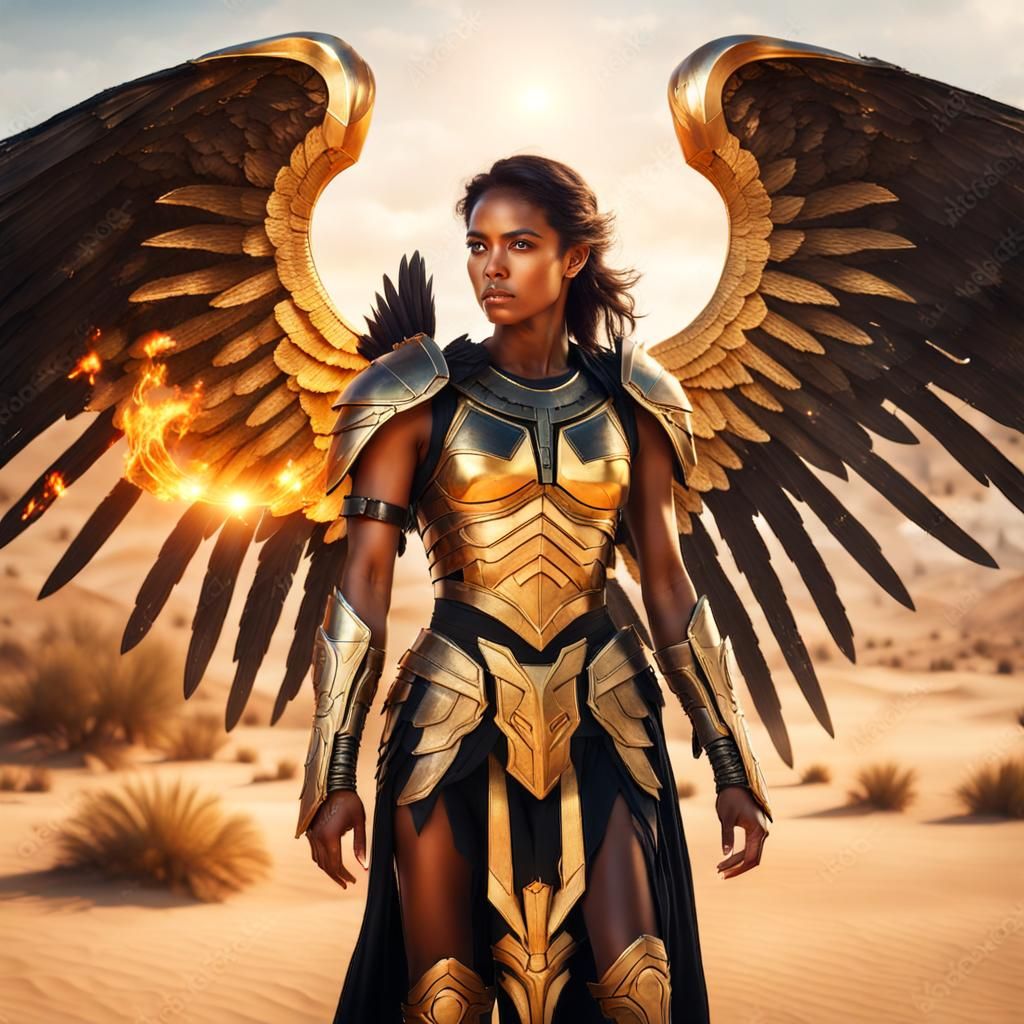 Spartan Woman with Angel Wings in Desert
