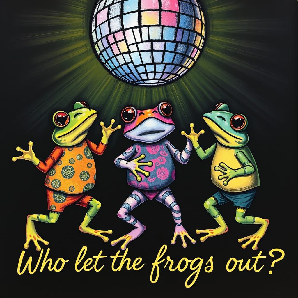 Whimsical Frogs Dance Under Disco Ball in Vibrant, Patterned...