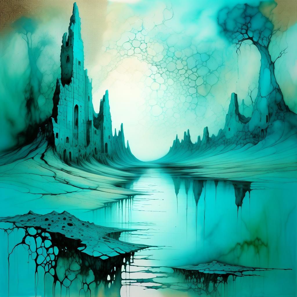 Surreal Turquoise Landscape in Alcohol Ink