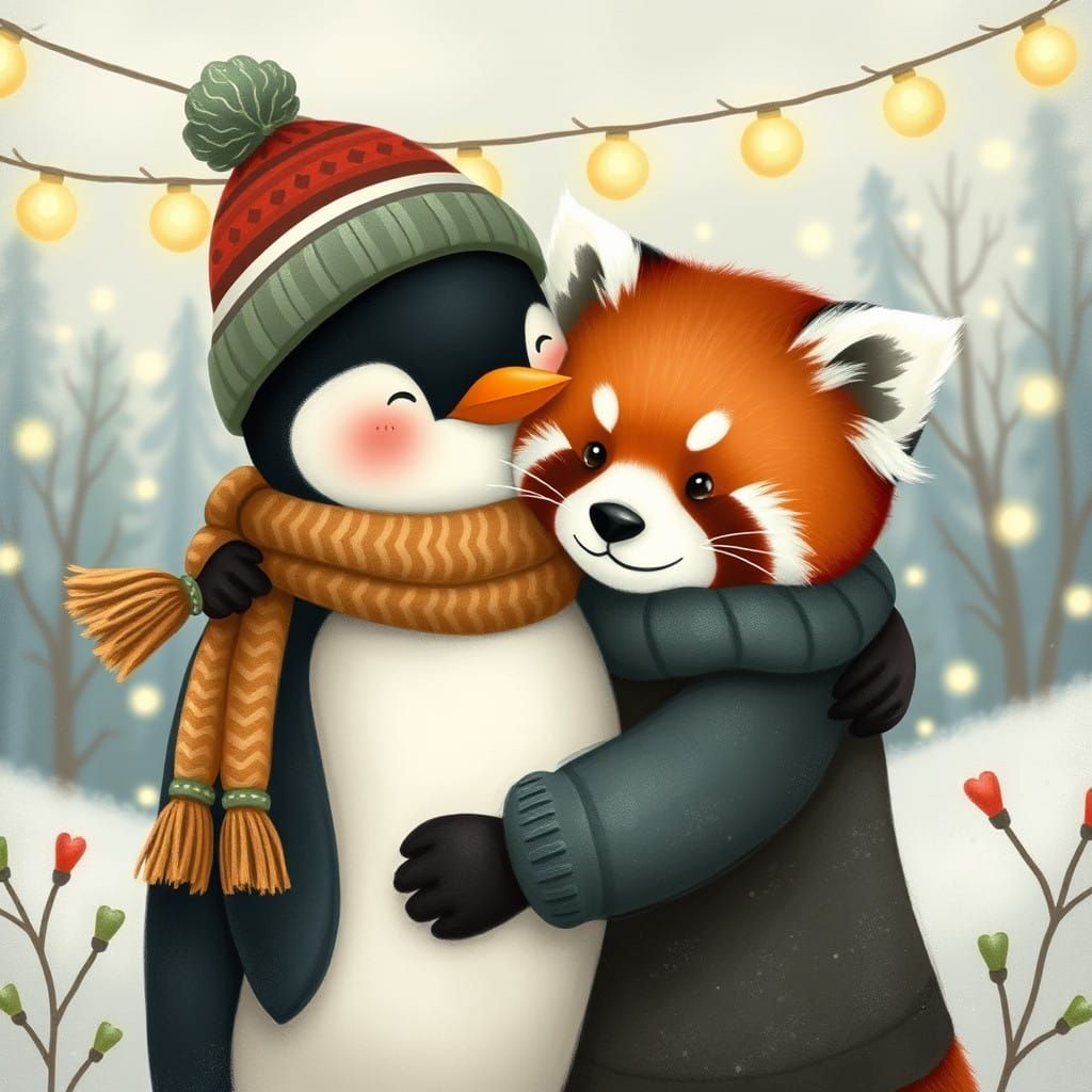 Penguin and Red Panda in Whimsical Snowy Hug