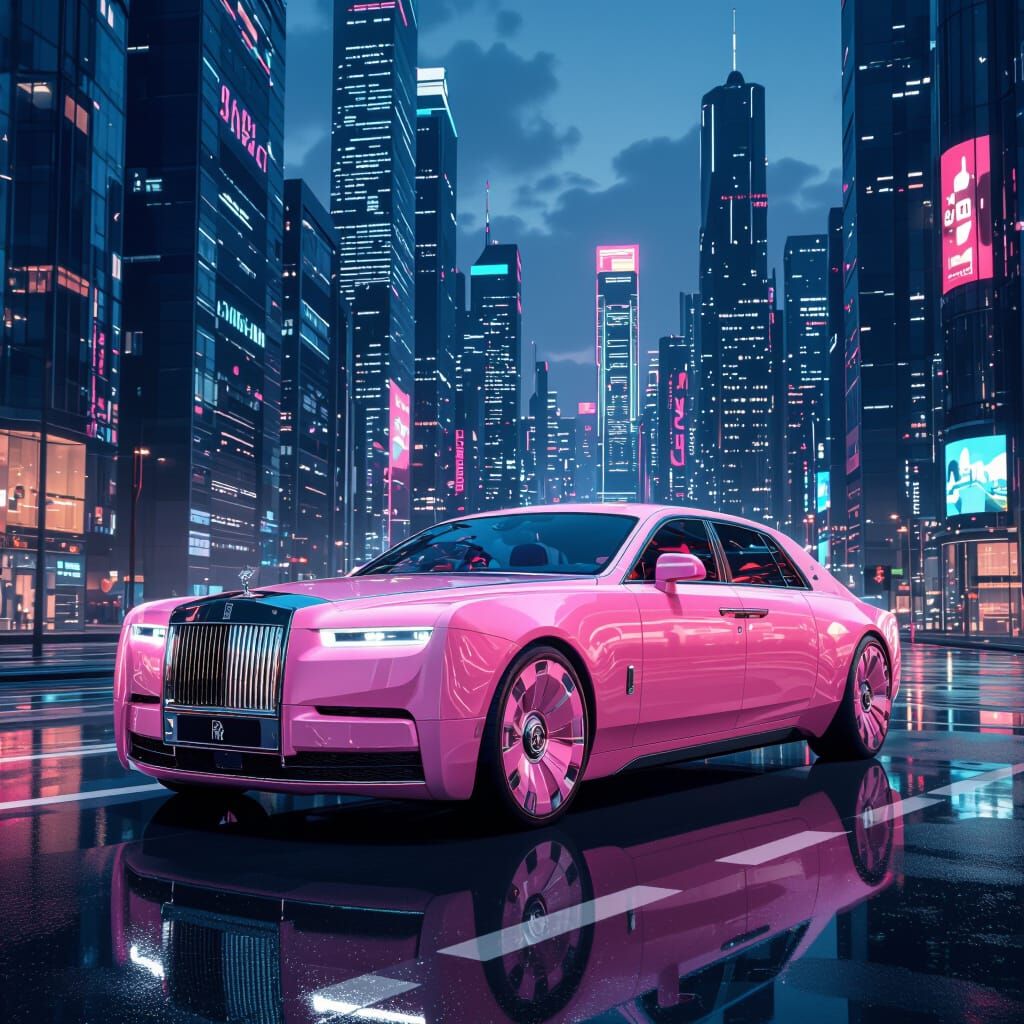 Futuristic Pink Rolls Royce in Cityscape