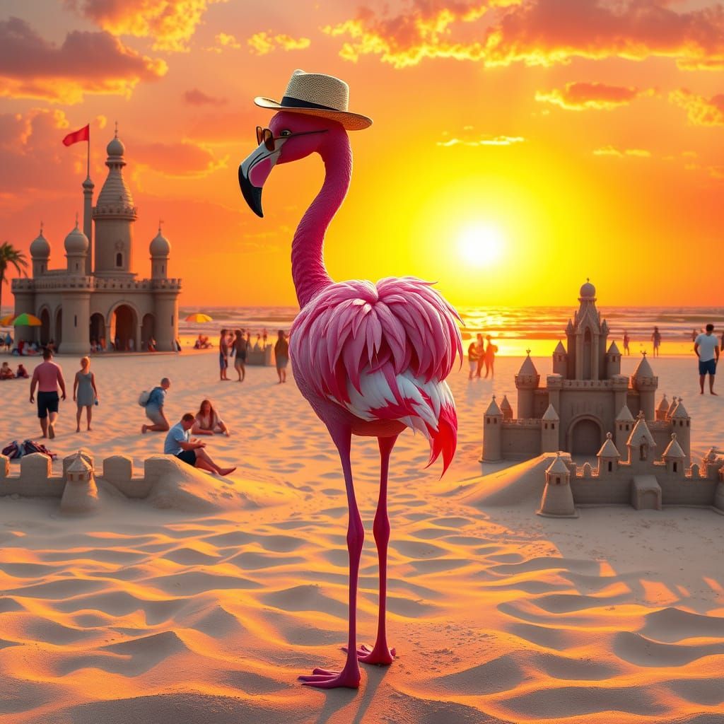 Whimsical Flamingo Dancer on Sun-Kissed Beach
