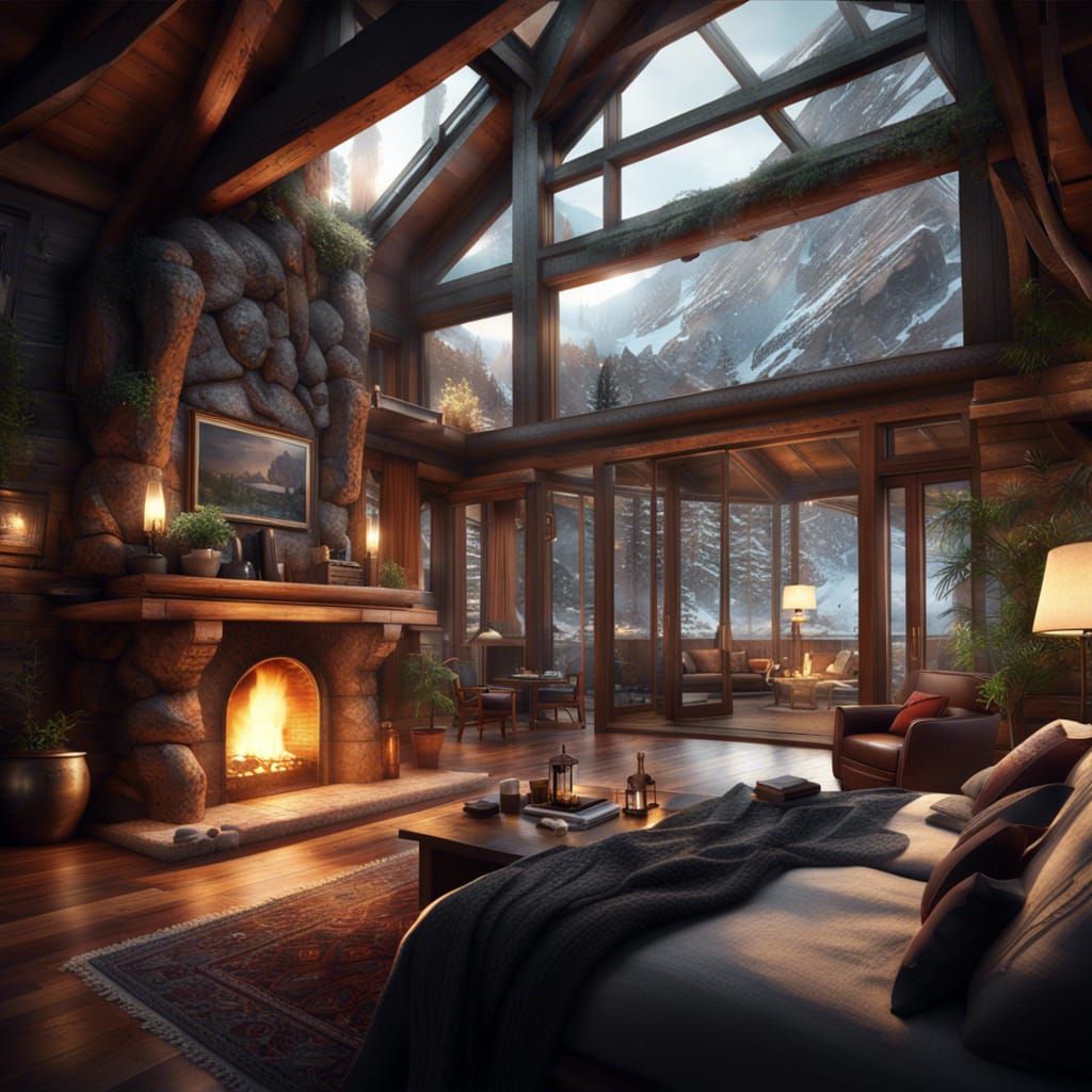Cozy Modern Log Cabin Interior in Winter